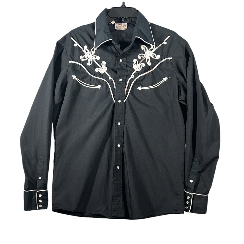 VTG Rocking K Ranchwear by Kennington Black Shirt Size L Pearl Snap Western 70s